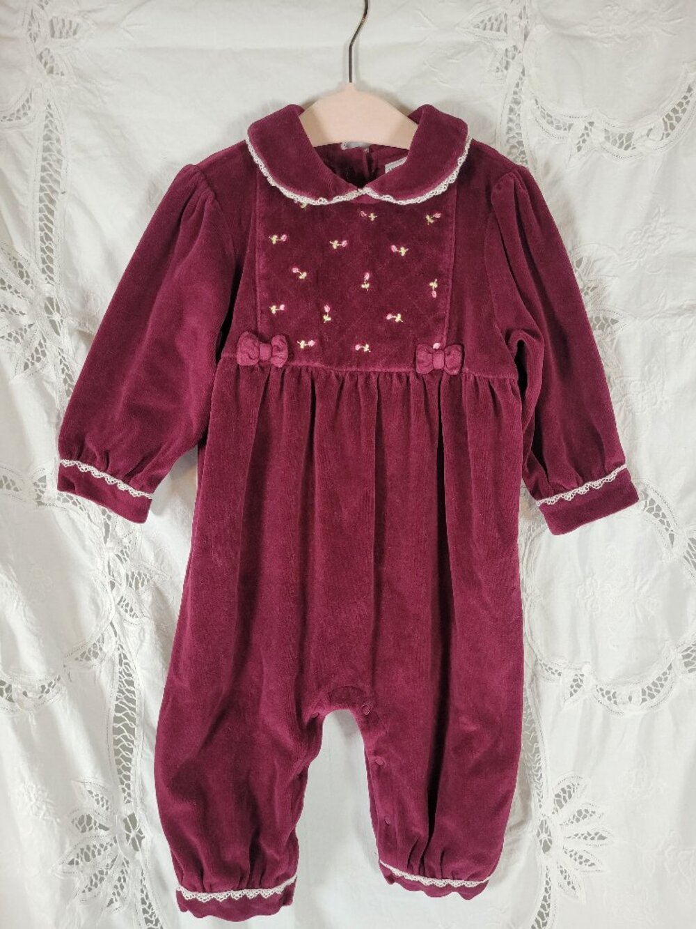 Vintage Healthtex Romper 12Month Burgundy Velour Lace Details Snaps 2001